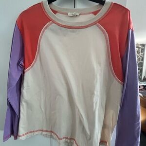 Easel Long Sleeve Colorblock Tee -Orange , Purple, Cream cotton small